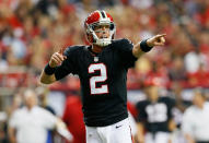 Matt Ryan #2 of the Atlanta Falcons looks to the officials for a call against the Carolina Panthers at Georgia Dome on September 30, 2012 in Atlanta, Georgia. (Photo by Kevin C. Cox/Getty Images)