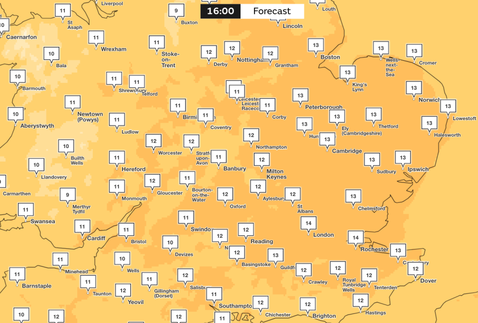 Temperatures are expected to dip on Sunday, with the South East, Essex, Norfolk and Suffolk likely to be the UK's warmest regions. (Met Office)