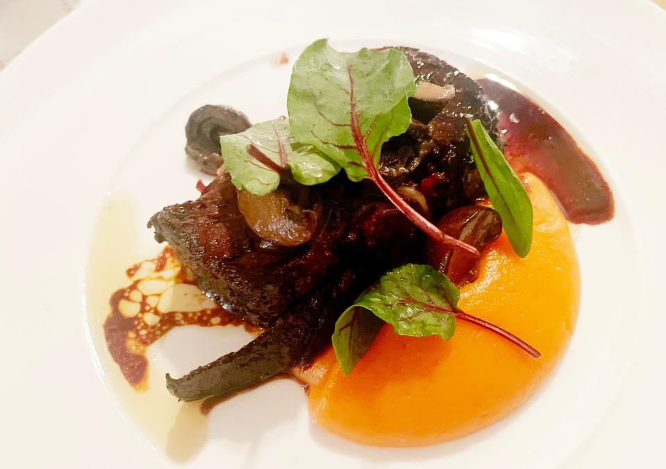Anthony Felan was one of six chefs competing in the Spring session of the Golden Fork Society dinners hosted by the Prize Foundation. His fourth course was a miso braised smoked short rib with pickled mushrooms and a spiced heirloom carrot purée.