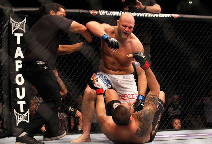 ATLANTA, GA - APRIL 21: The official stops the fight as Ben Rothwell defeats Brendan Schaub in a knockout during their heavyweight bout for UFC 145 at Philips Arena on April 21, 2012 in Atlanta, Georgia.