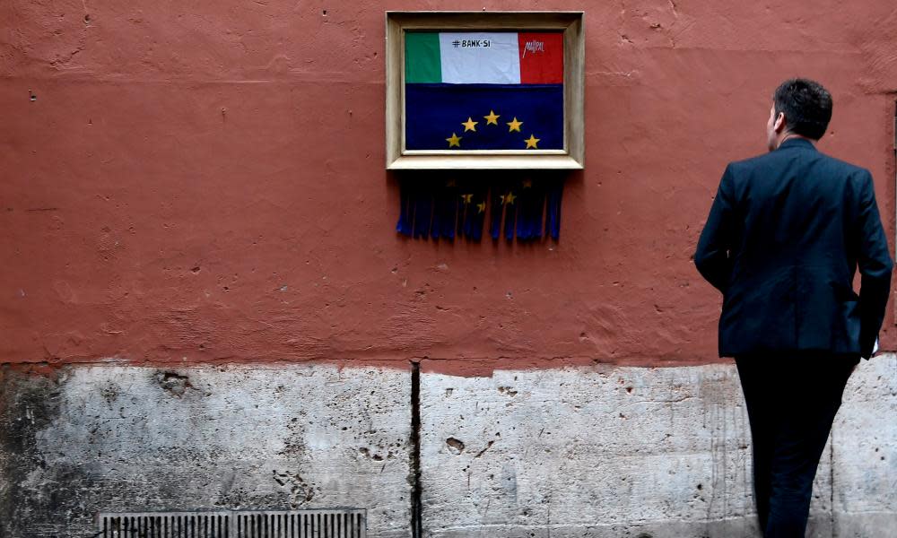 A street-art installation in Rome by Italian artist Maupal shows the EU flag being shredded and an Italian flag emerging to replace it