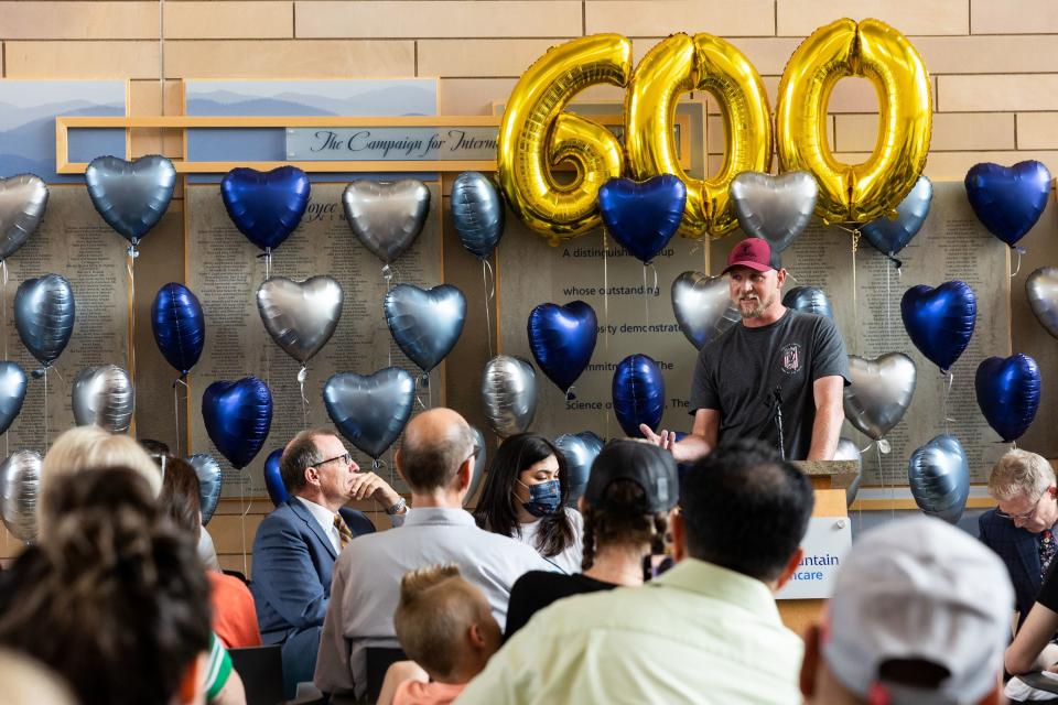 Tyler Larsen, the 605th Intermountain heart transplant recipient, shares his experience at an event held to celebrate the milestone of 600 lifesaving transplants by the Intermountain heart transplant team at the Intermountain Medical Center in Murray on Tuesday, July 18, 2023. | Megan Nielsen, Deseret News