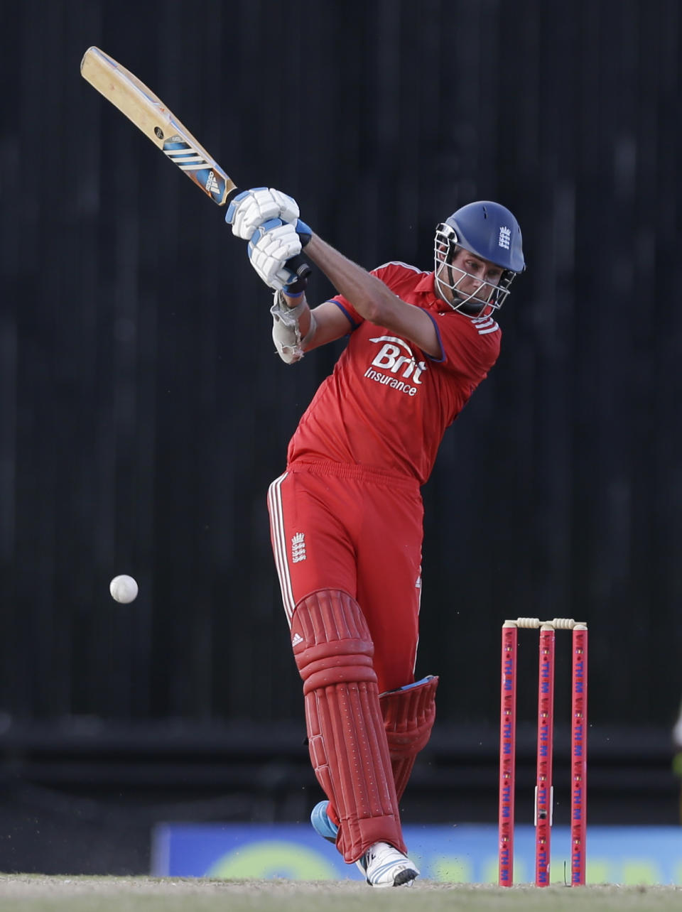 England's captain Stuart Broad bats during the second one-day international cricket match against West Indies at the Sir Vivian Richards Cricket Ground in St. John's, Antigua, Sunday, March 2, 2014. (AP Photo/Ricardo Mazalan)