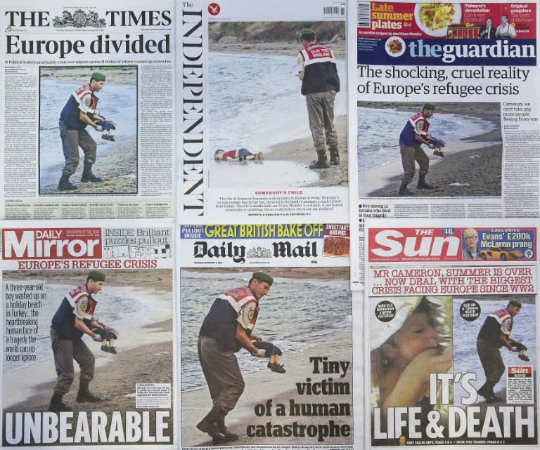 The front pages of some of Britain's daily newspapers show an image of the body of Syrian three-year-old boy Aylan, in London, on September 3, 2015