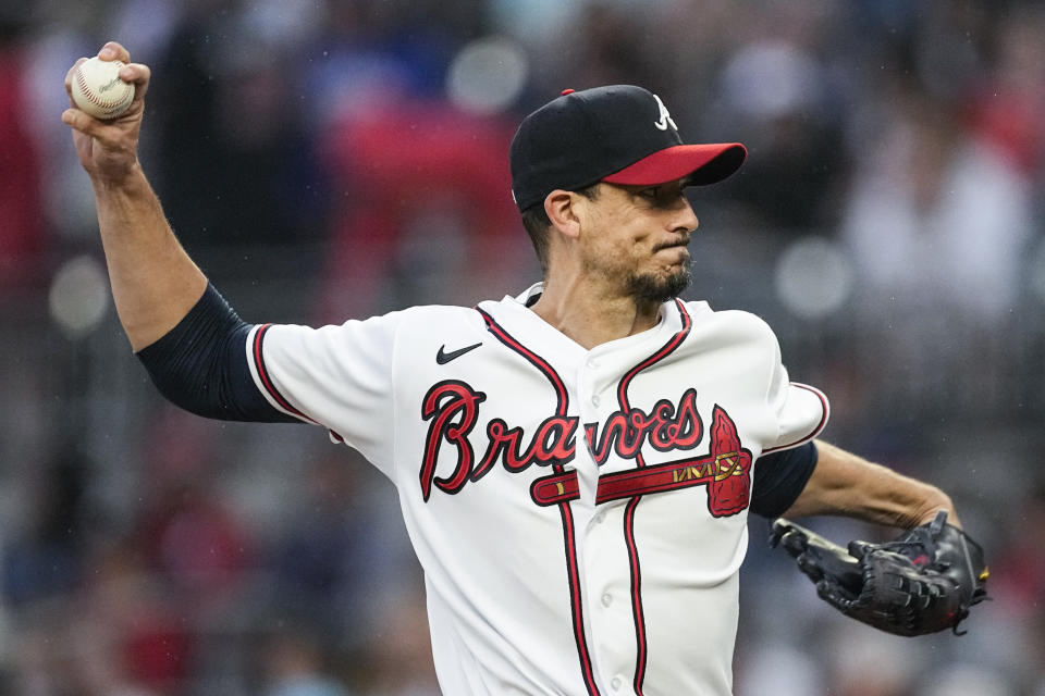 Atlanta Braves starting pitcher Charlie Morton (50) delivers in the first inning of a baseball game against the Los Angeles Dodgers, Monday, May 22, 2023, in Atlanta. (AP Photo/John Bazemore)