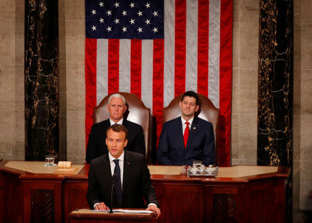 French President Emmanuel Macron addresses a joint meeting of Congress in the House chamber of the U.S. Capitol in Washington, U.S., April 25, 2018. REUTERS/Brian Snyder