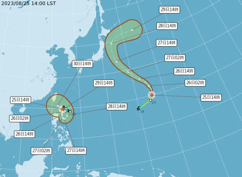 ▲蘇拉颱風目前在台北東南方450公里海面上，下週三到周四（30日至31日）是颱風影響台灣最劇烈的時候。（圖／中央氣象局）