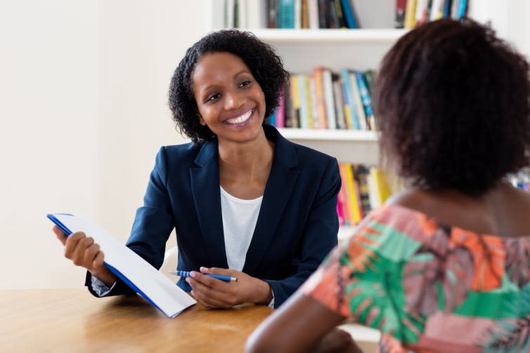 <span class="caption">A friendly face.</span> <span class="attribution"><a class="link " href="https://www.shutterstock.com/image-photo/african-american-businesswoman-applicant-talking-about-1395240425" rel="nofollow noopener" target="_blank" data-ylk="slk:Shutterstock.;elm:context_link;itc:0;sec:content-canvas">Shutterstock.</a></span>