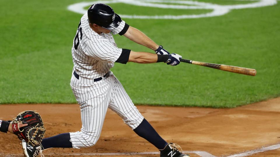 Mandatory Credit: Photo by Adam Hunger/AP/Shutterstock (10778079g)New York Yankees' DJ LeMahieu hits an RBI single during the second inning of a baseball game against the Toronto Blue Jays, in New YorkBlue Jays Yankees Baseball, New York, United States - 15 Sep 2020.