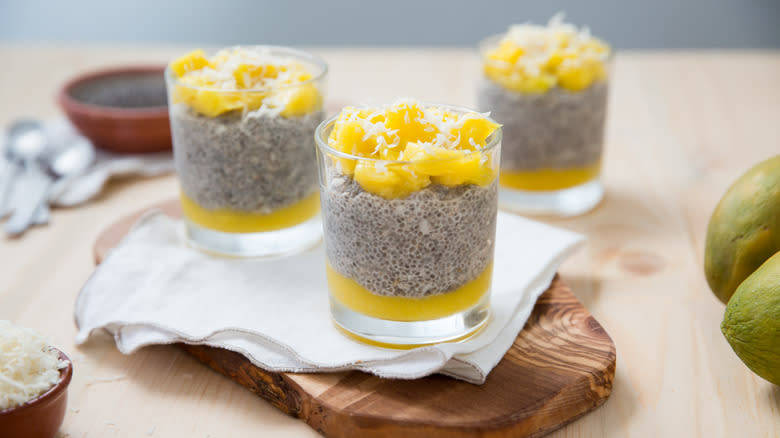 mango chia pudding on board 