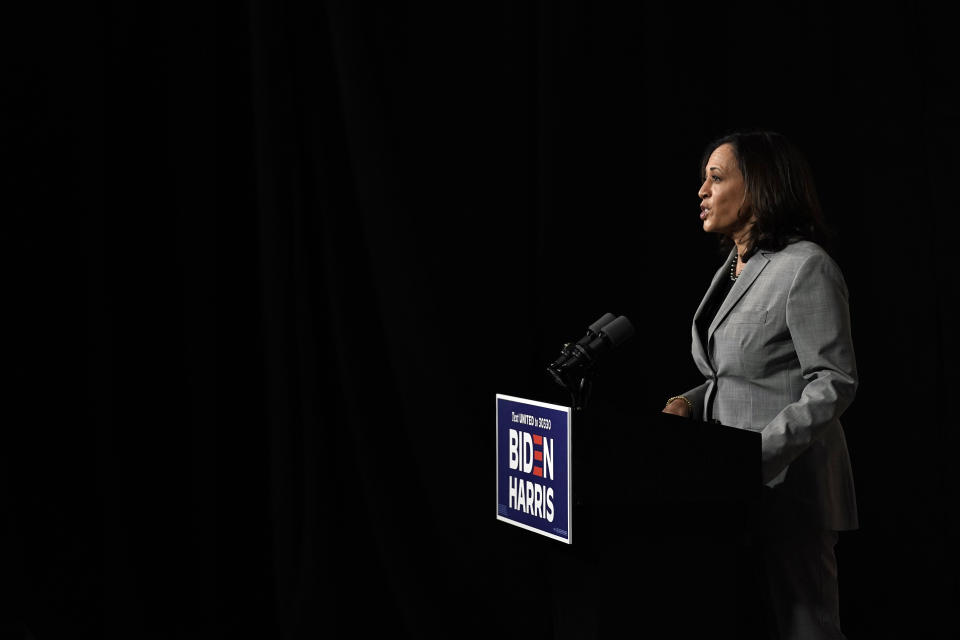 Democratic vice presidential candidate Sen. Kamala Harris, D-Calif., speaks at Shaw University during a campaign visit in Raleigh, N.C., Monday, Sept. 28, 2020. (AP Photo/Gerry Broome)