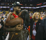 OAKLAND, CA - JUNE 13: Toronto Raptors forward Kawhi Leonard (2) celebrates with his family after the win. Toronto Raptors vs Golden State Warriors in 2nd half action of NBA Finals action in Game 6 of playoff play at Oracle Arena. Raptors win the series 4-2. Toronto Star/Rick Madonik (Rick Madonik/Toronto Star via Getty Images)