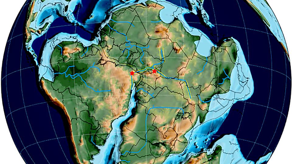 The red stars within this graphic represent the route that dinosaurs once took when the continents of South America and Africa were connected. - Southern Methodist University