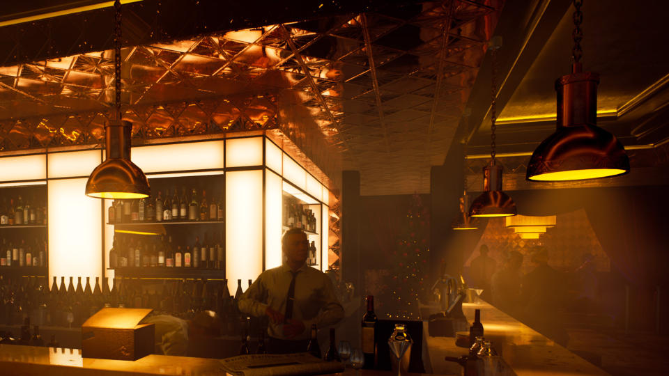 Vampire: the Masquerade Bloodlines 2 - screenshot of upscale bar at christmastime