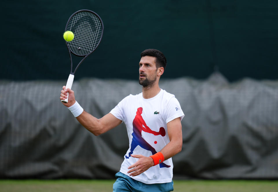 Novak Djokovic during a training session on day ten of the 2024 Wimbledon Championships at the All England Lawn Tennis and Croquet Club, London. Picture date: Wednesday July 10, 2024. (Photo by John Walton/PA Images via Getty Images)