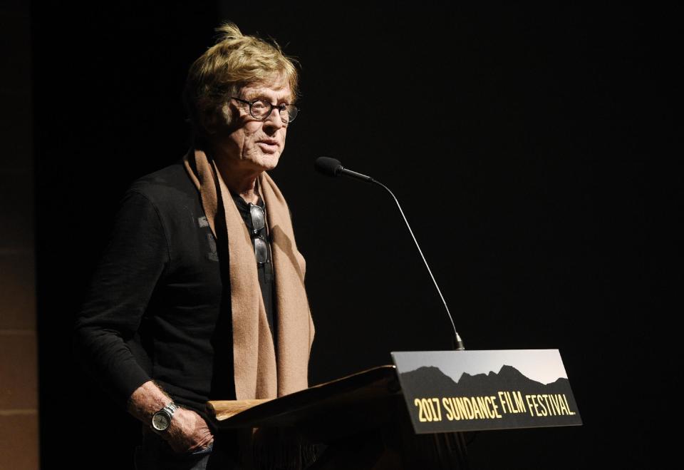 Robert Redford, founder of the Sundance Institute, addresses the audience at the opening night premiere of the film "An Inconvenient Sequel: Truth to Power," at the Eccles Theater during the 2017 Sundance Film Festival on Thursday, Jan. 19, 2017, in Park City, Utah. (Photo by Chris Pizzello/Invision/AP)