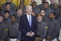 President Joe Biden speaks during an event to present the Commander-in-Chief's Trophy to the United States Military Academy Army Black Knights, in the East Room of the White House, Monday, May 6, 2024, in Washington. (AP Photo/Evan Vucci)