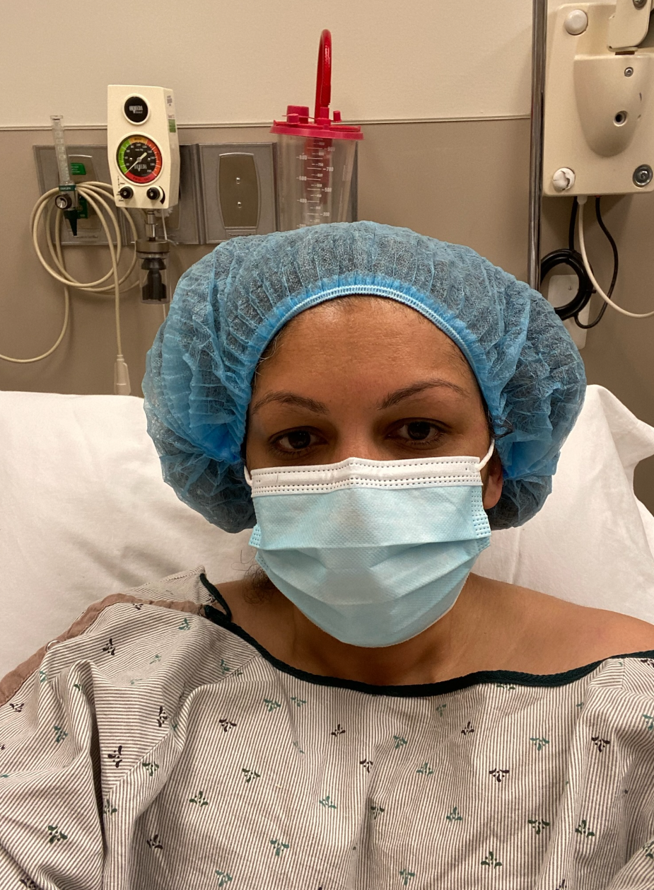 Sveta Prakash Desai, of Troy, takes a selfie in the pre-op room at Corewell Health's Beaumont Hospital Troy before she undergoes breast reconstructive surgery in April 2021.