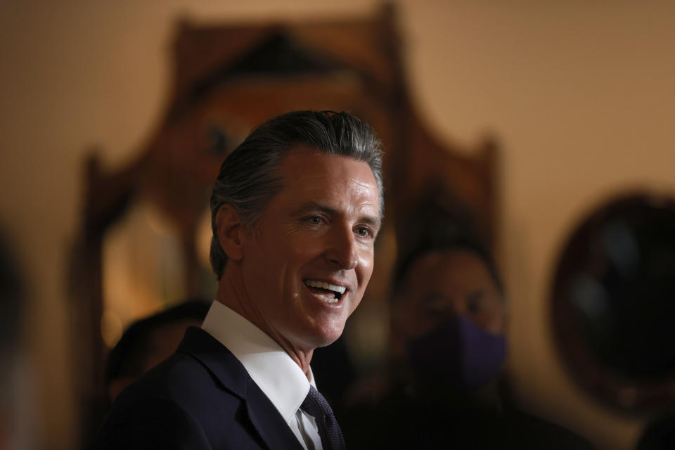 SAN FRANCISCO, CALIFORNIA - AUGUST 13: California Gov. Gavin Newsom speaks during a news conference at Manny's on August 13, 2021 in San Francisco, California. California Gov. Gavin Newsom kicked off his 