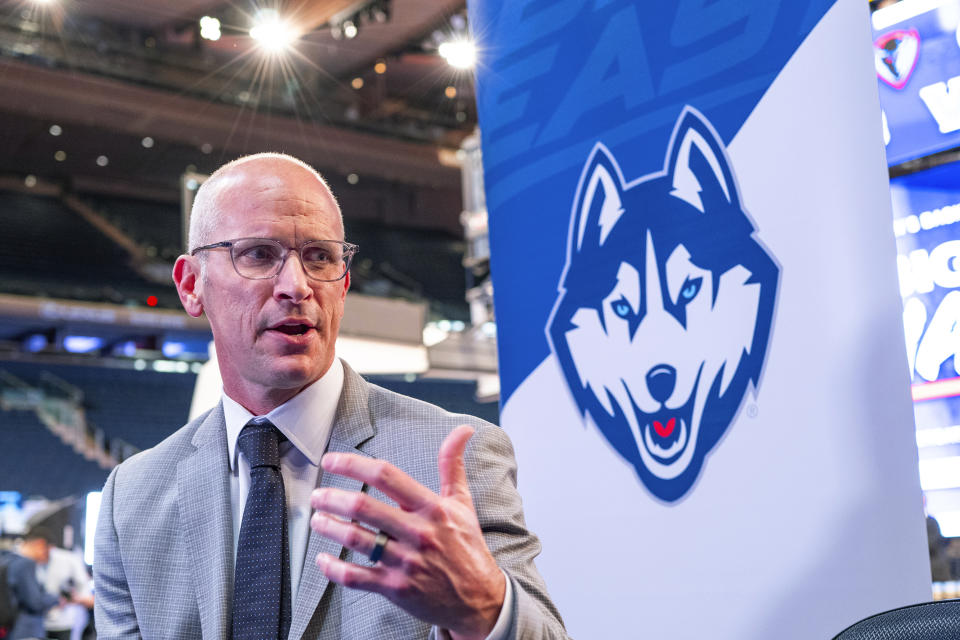 Connecticut coach Dan Hurley speaks during the Big East NCAA college basketball media day, Tuesday, Oct. 24, 2023, at Madison Square Garden in New York. (AP Photo/Craig Ruttle)