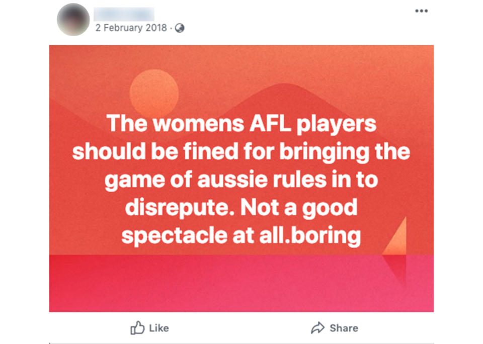 One of the negative comments on Facebook about women’s AFL. Source: Facebook