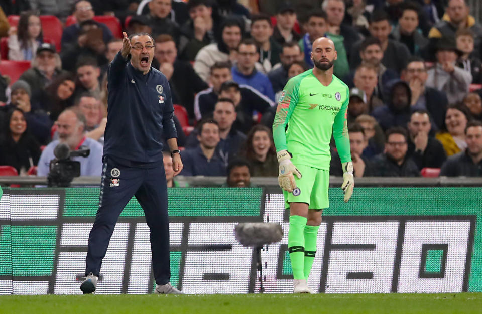 Chelsea manager Maurizio Sarri's authority was questioned late in Sunday's League Cup final, because that's how the club does things. (Getty)