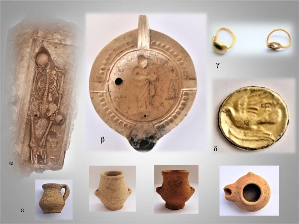 Remains from part of a cemetery unearthed at Tenea held a burial, a ceramic vessel with engraving of a woman, the remains of a gold ring, a gold coin with a bird engraved on it and several pieces of pottery. <cite>Photo courtesy Greek Ministry of Culture</cite>