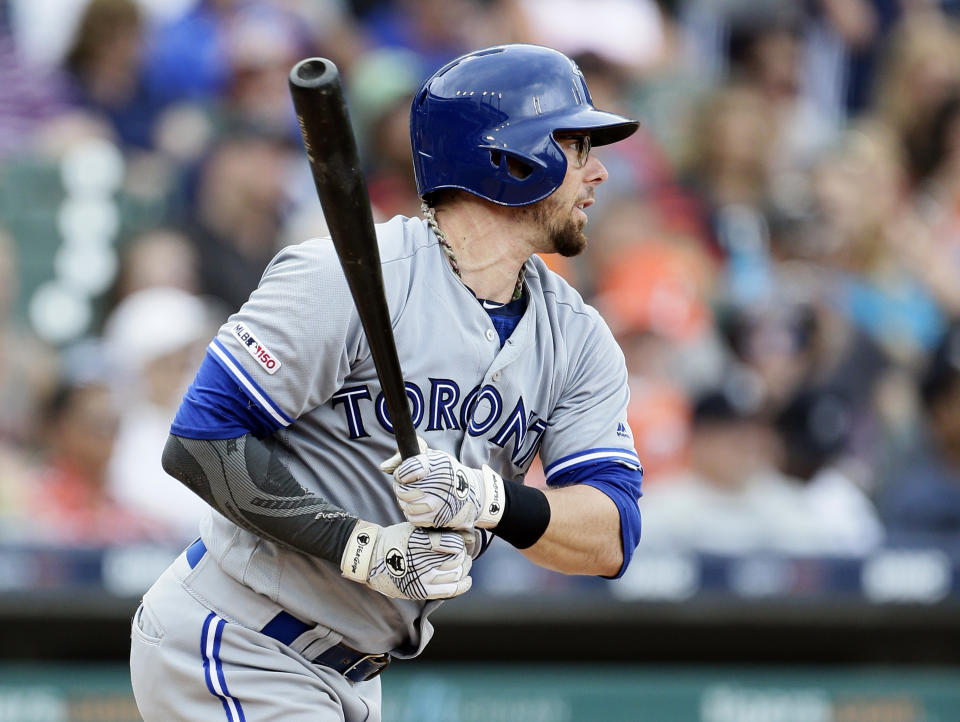 DETROIT, MI - JULY 21: Eric Sogard #5 of the Toronto Blue Jays bats against the Detroit Tigers at Comerica Park on July 21, 2019 in Detroit, Michigan. (Photo by Duane Burleson/Getty Images)