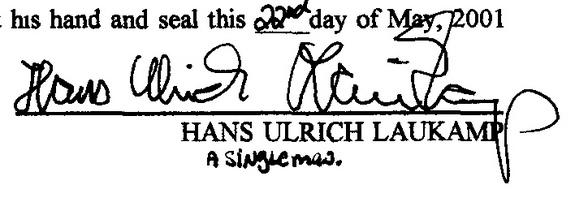 Records contain seven signatures signed by Hans-Ulrich Laukamp between 1997 and 2001 on five notarized documents. This particular document dates to May 22, 2001.