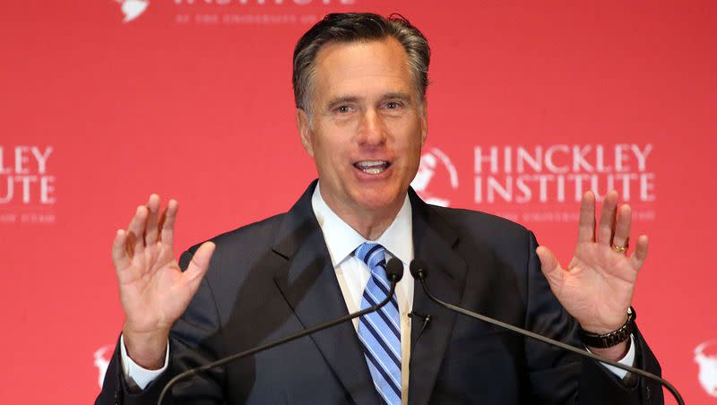 Former Massachusetts Gov. Mitt Romney addresses the Hinckley Institute of Politics regarding the 2016 presidential race at the University of Utah in Salt Lake City on Thursday, March 3, 2016.