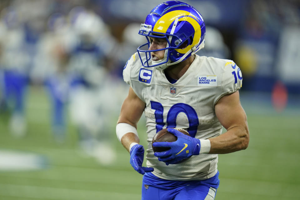 Los Angeles Rams' Cooper Kupp (10) makes a catch during the second half of an NFL football game against the Indianapolis Colts, Sunday, Sept. 19, 2021, in Indianapolis. (AP Photo/Michael Conroy)