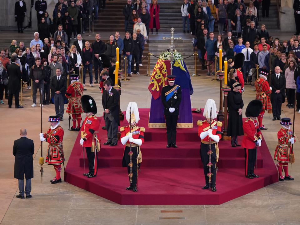 Queen Elizabeth II's grandchildren hold vigil next to her coffin at Westminster Hall on September 17, 2022.