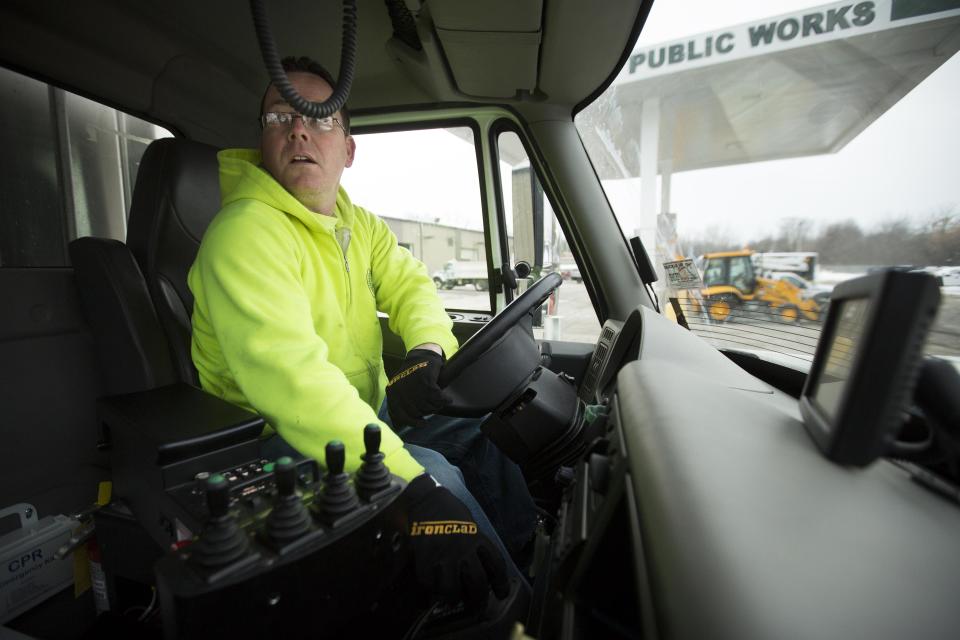 Mike Zitzka, street crew leader, parks a snow plow after it was loaded with salt at the public works facility in Glen Ellyn, Ill., on Tuesday, Feb. 4, 2014. The Midwest's recent severe winter weather has caused communities to expend large amounts of their road salt supplies. (AP Photo/Andrew A. Nelles)