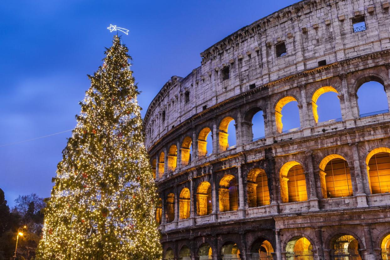 christmas tree at colosseum at dusk