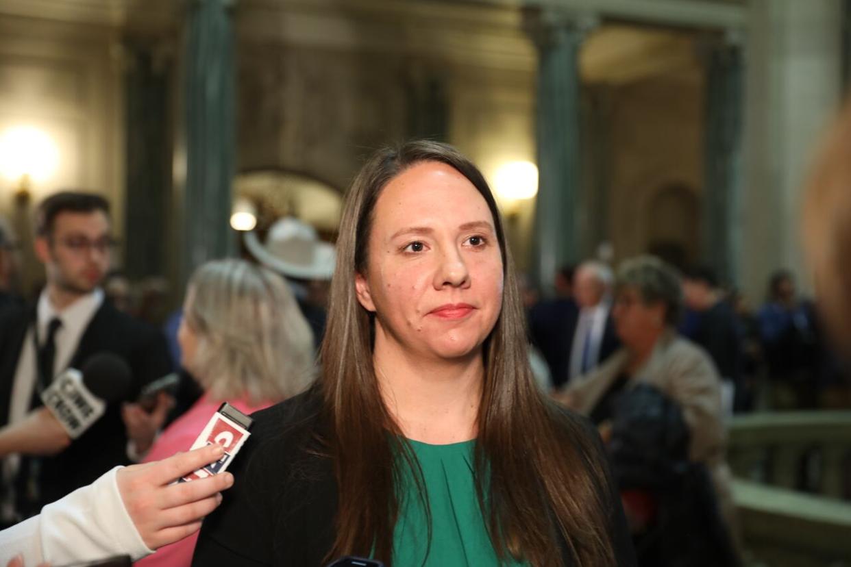 Saskatchewan Teachers' Federation president Samantha Becotte says the government is to blame for forcing teachers to continue job action this week. (Alexander Quon/CBC - image credit)