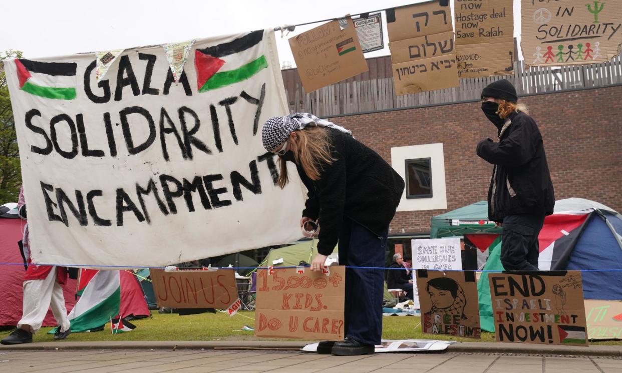 <span>Students at an encampment at Newcastle University protesting against Israeli military action in Gaza.</span><span>Photograph: Owen Humphreys/PA</span>