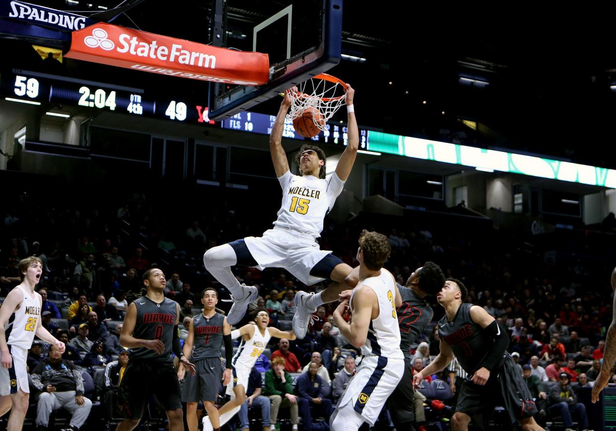 Moeller center Jaxson Hayes, Jillian's brother,  slams home two points in the OHSAA Regional Championship Final at Xavier University. Hayes and Moeller went on to win the state title. He played one season at Texas then declared for the NBA Draft. Hayes is now a Los Angeles Laker.