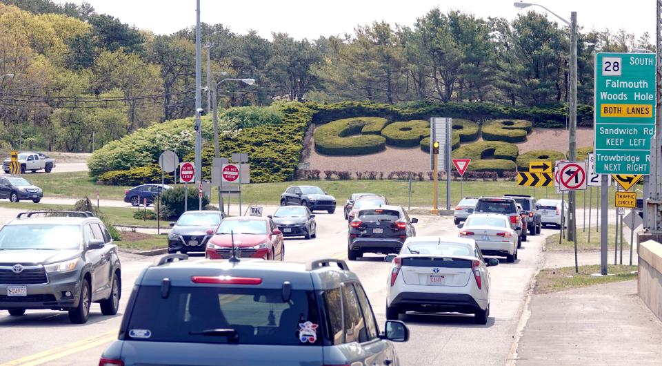 The Bourne Rotary, shown here in May, is on the south side of the Bourne Bridge. Pavement upgrades and widening work at the rotary amounting to about $1.8M in cost is expected to begin in the spring, continue through the summer and wrap up by the fall.