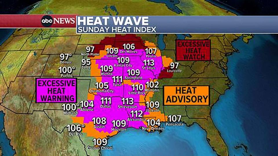 PHOTO: Heat alerts are in effect for more than 102 million Americans across 18 states from Texas to Wisconsin, including nearly all of Louisiana, Arkansas, Missouri, Iowa and Illinois. (ABC News)