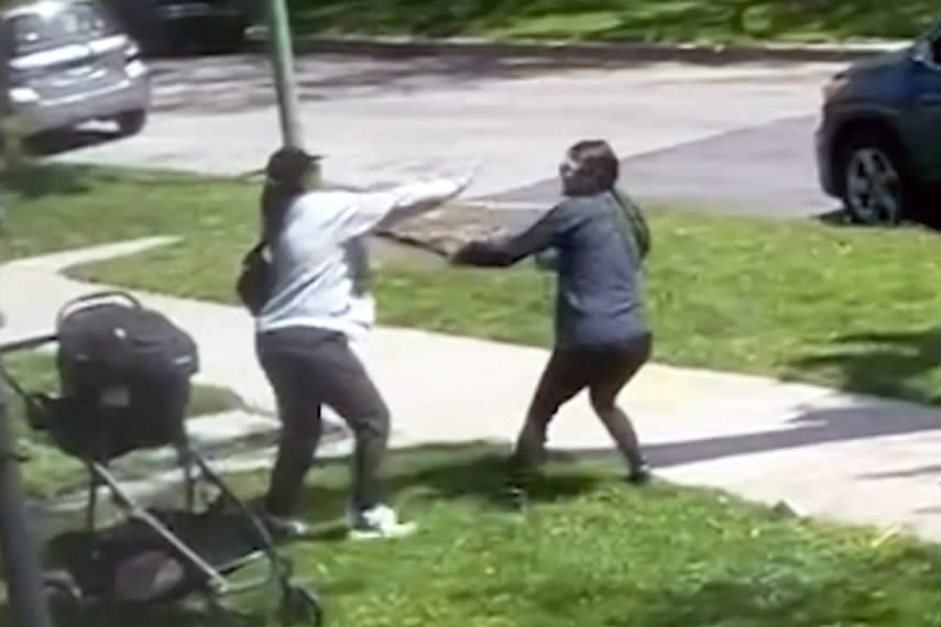 A still image from a video showing a woman being attacked. (NBC Chicago)