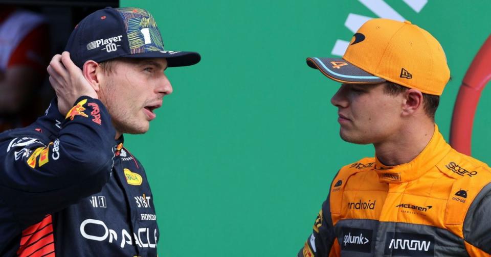 Max Verstappen (Red Bull) in conversation with Lando Norris (McLaren) after Dutch Grand Prix qualifying at Zandvoort. Credit: Alamy