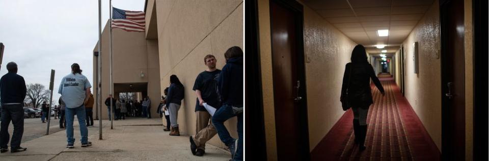 Left: People wait for the doors to open for at a job fair in Williston, North Dakota, April 23, 2018.; Right: Lazenko tours hotels that were at the heart of the trafficking industry during the oil boom, April 24, 2018. | Lynsey Addario for TIME