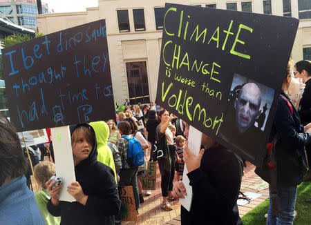 Protesters demanding action on climate change gather at Te Ngakau Civic Square in Wellington, New Zealand March 15, 2019. REUTERS/Charlotte Greenfield