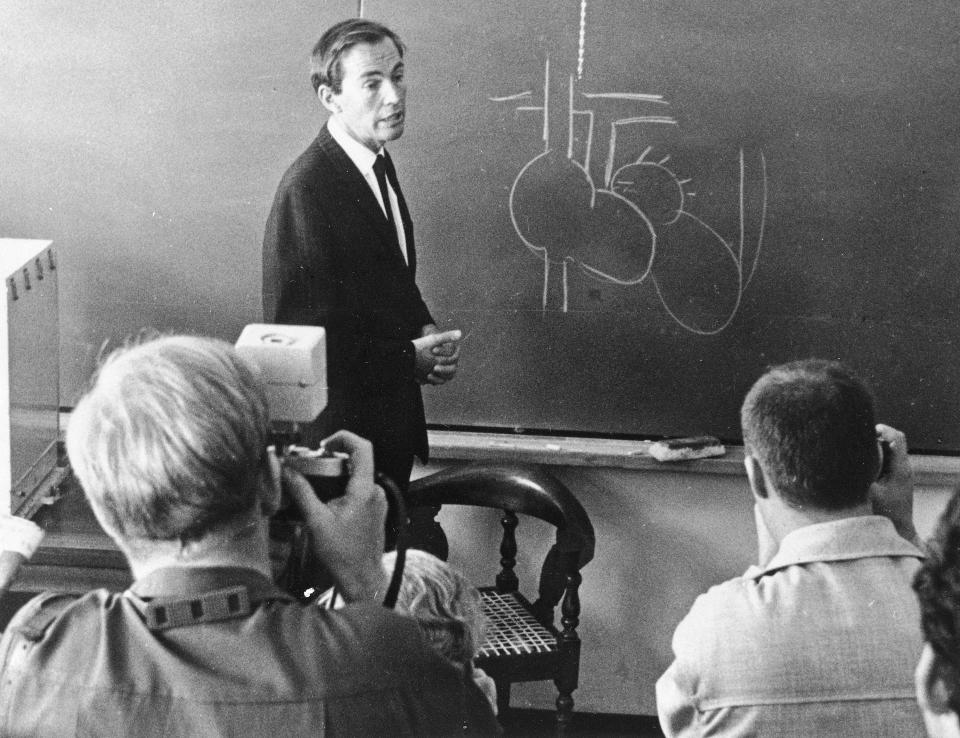South African heart surgeon Dr. Christiaan Barnard uses a sketch to illustrate a point while addressing a group of journalists in Rodenbosch, Cape Town, South Africa, Dec. 10, 1967, explaining how he performed a heart transplant from the body of a fatally injured girl to a man suffering from heart disease.