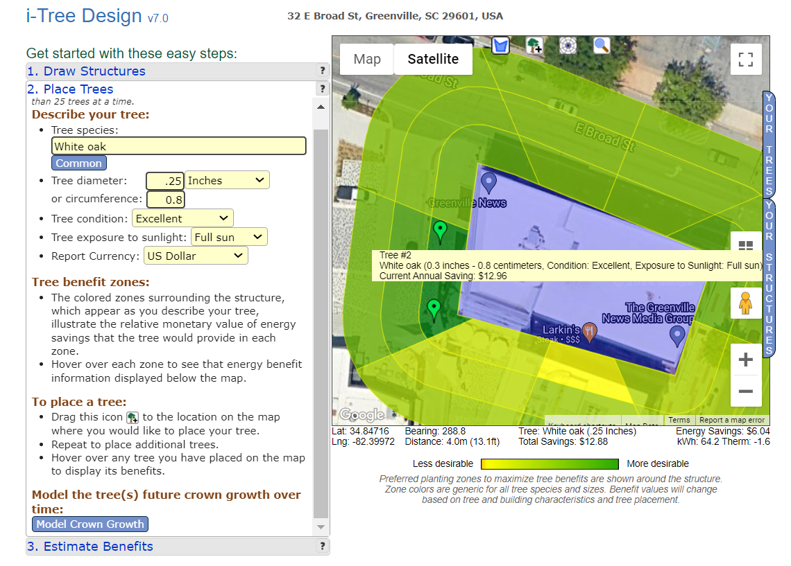 Software program i-Tree helps identify the best place to plant a new tree. Here, the software shows the annual and long-term benefits of planting two small white oak trees in front of The Greenville News building in downtown Greenville, S.C.