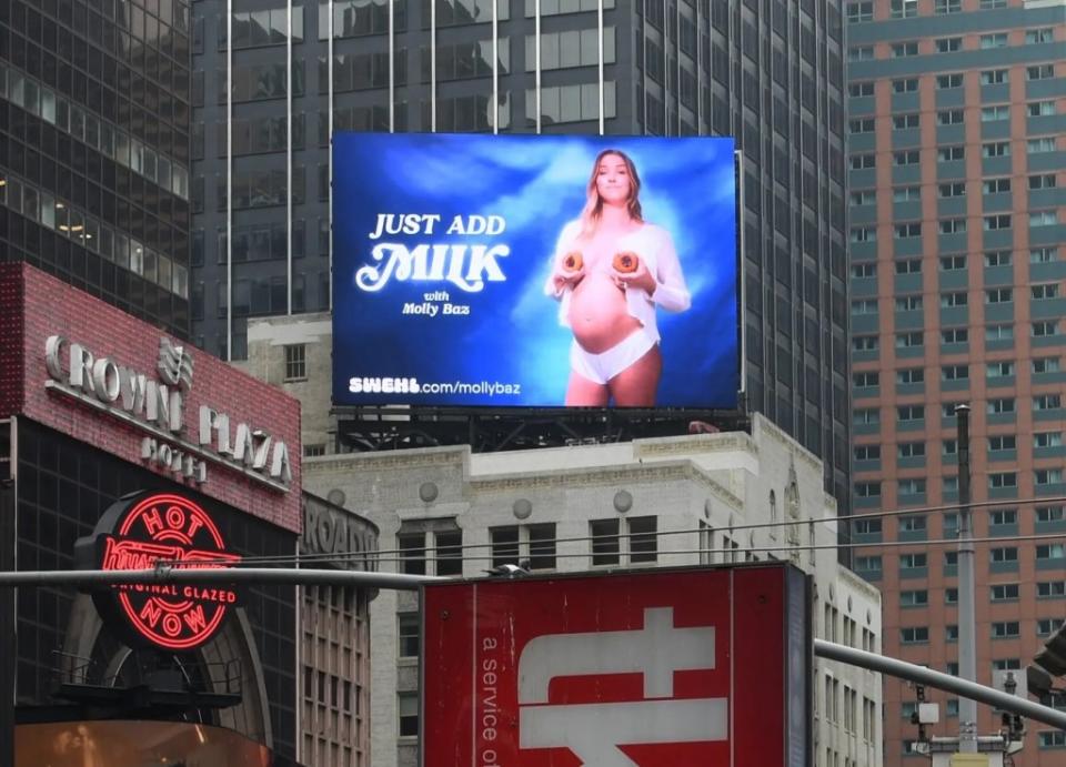 The eye-catching Times Square billboard, a partnership between cookbook author Molly Baz and breastfeeding and pregnancy startup Swehl, was deemed “inappropriate” by billboard manager Clear Channel Outdoor and swapped with a less revealing image. Swehl
