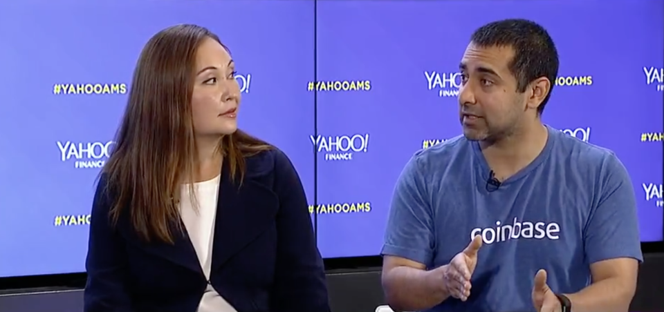 Coinbase M&A chief Emilie Choi (L) and Coinbase CTO Balaji Srinivasan at the Yahoo Finance All Markets Summit: Crypto in San Francisco on June 14, 2018.