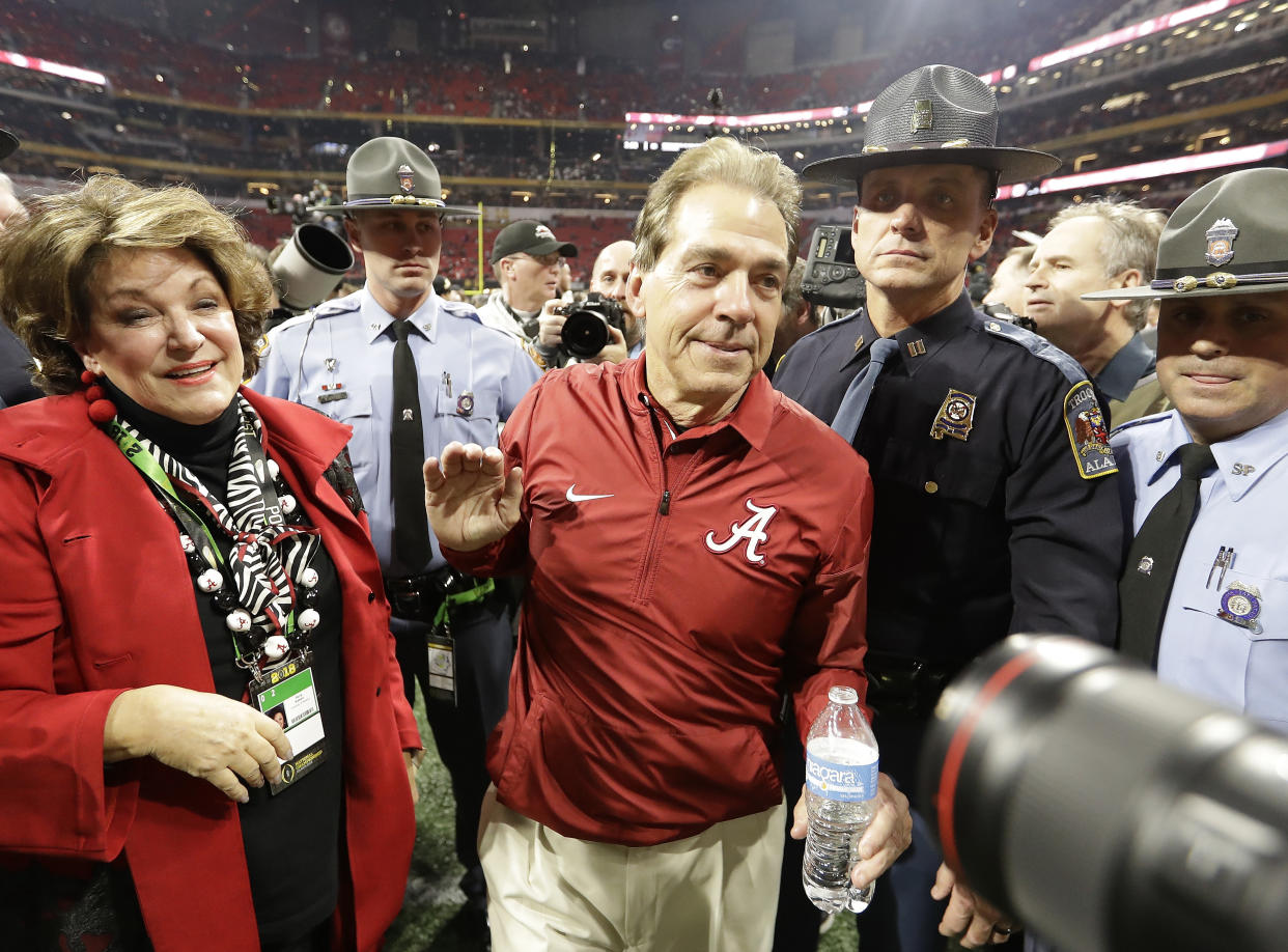 Alabama head coach Nick Saban celebrates after overtime of the NCAA college football playoff championship game against Georgia, Monday, Jan. 8, 2018, in Atlanta. Alabama won 26-23. (AP Photo/David J. Phillip)