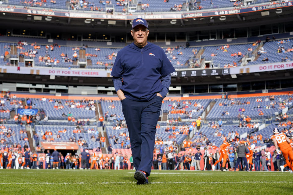 Denver Broncos head coach Vic Fangio watches his players prior to an NFL football game against the Detroit Lions, Sunday, Dec. 22, 2019, in Denver. (AP Photo/Jack Dempsey)