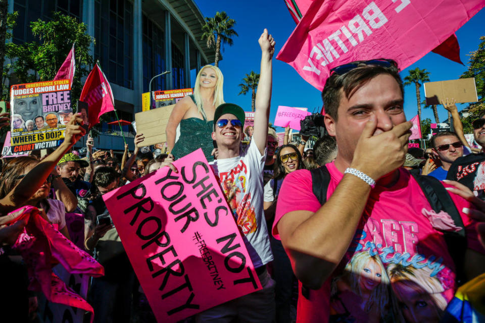 A crowd of people with Free Britney posters